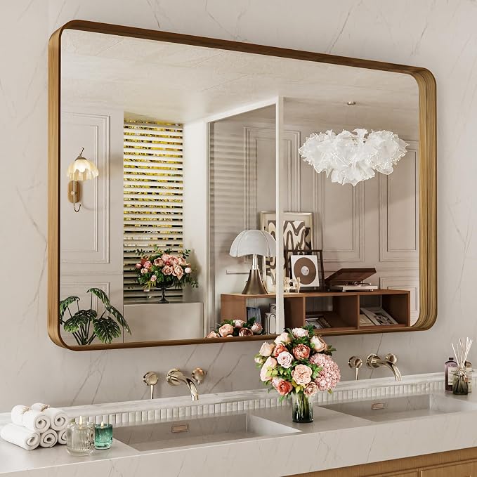 LOAAO 48X30 Inch Bathroom Mirror with Wood Grain Colored Metal Frame | Rounded Rectangle Metal Framed, Anti-Rust, Hangs Horizontally or Vertically, Tempered Glass