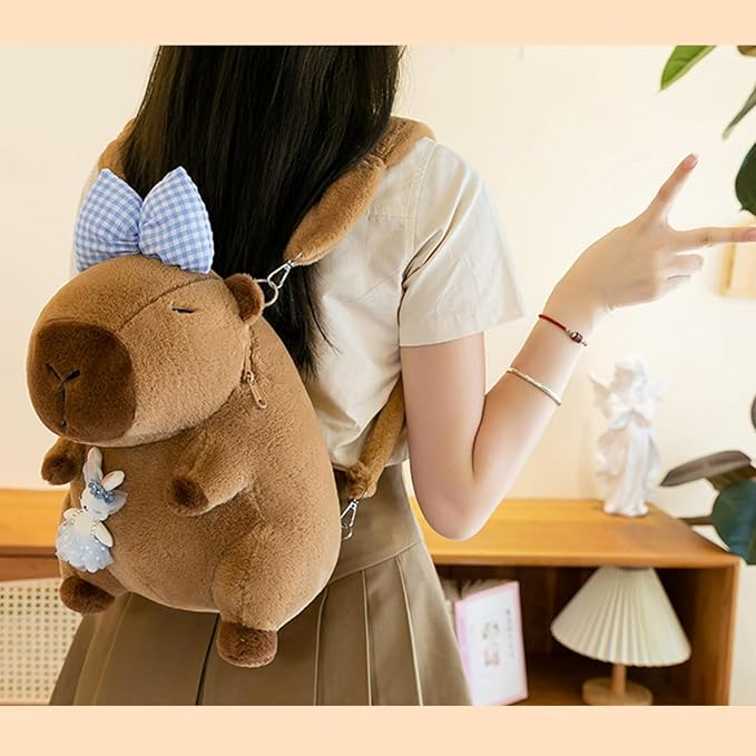 Capybara Bow Bowknot Orange Flower Lollipop Cute Plush Backpack Kawaii Cartoon Design for Women Ita Bag (Blue bow)