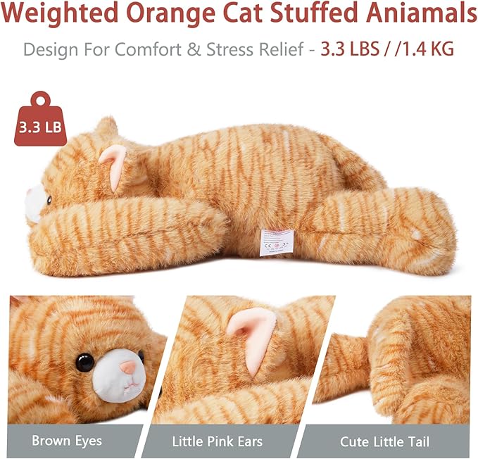 Niuniu Daddy 20" | 3.3 Pound Weighted Cat Stuffed Animals for Adults, Orange Cat Plush Toy for Toddler Teens Kids, Large Orange Kitty Plushy Pillow with Soft Fur for Present Christmas Birthday