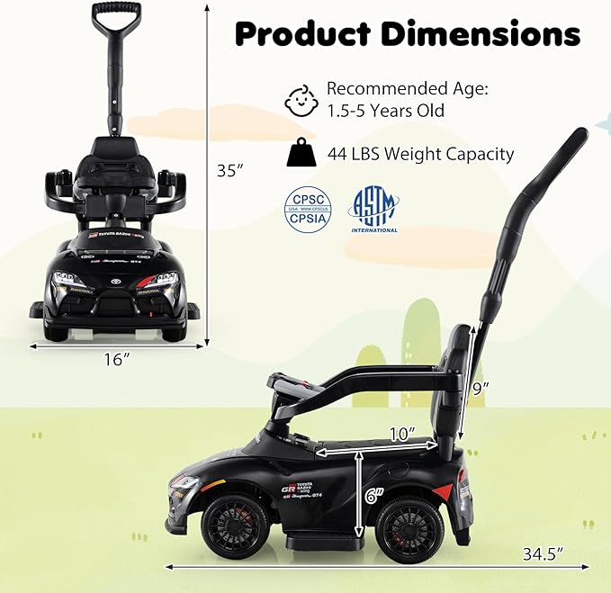Costzon Push Car for Toddlers, 3 in 1 Toyota Licensed Stroller Sliding Walking Car w/Handle, Music, Safety Guardrail, Under-Seat Storage, Foot-to-Floor Kids Ride On Toys for Boys Girls (Black)