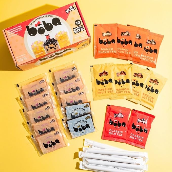 Boba Bundle Kit 10 Serv. Instant Bubble Pearl Variety Milk Tea Kit with Authentic Brown Sugar Tapioca Pearls by Yulu Foods - Ready in Under 1 Minute, Includes Paper Straws - Gift Box, Holiday (Classic, Mango Peach, Passionfruit)