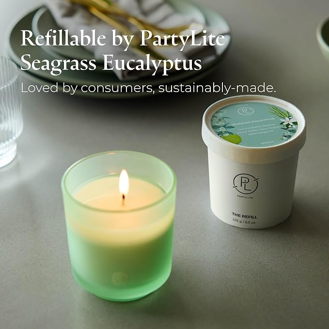 PartyLite Seagrass Eucalyptus Scented Jar Candle + (1) Refill - Notes of Eucalyptus, Lemon, Seagrass & Driftwood, 10oz 1-Wick Aromatherapy Candle