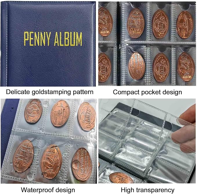 108 Pockets Pressed Penny Collecting Album Book, Portable Smashed Pressed Penny Album Book Holder for Collectors, Suitable for Work or Travel (Blue)