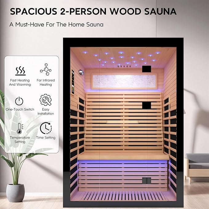 Infrared Sauna 2 Person Low-EMF Far Infrared Sauna for Home Gym Spa | Canadian Hemlock Wood Indoor Dry Saunas with Oxygen Bar, Starry Sky Lights Ceiling, Speakers -2160W 丨 53.1 * 47.2 * 74.8 in
