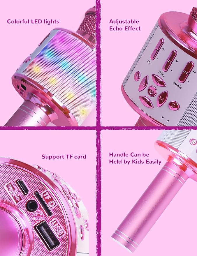Amazmic Toys for Girls, Kids Karaoke Microphone Toddler Microphone for Kids with Lights, for Girls, Birthday Party Boys Toy Age 3 4 5 6 7 8+(Light Pink)