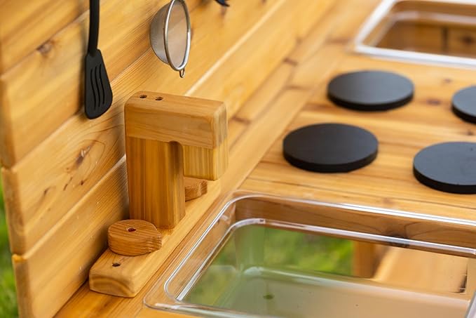 Noble Toys XL Cedar Outdoor Mud Kitchen Centered with Backsplash and Stovetop for Toddlers Kids | Pretend Play Table | Sensory Table | Outside Playset | Real Wooden Kitchens | Preschool Equipment