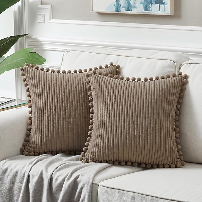Fancy Homi Set of 2 Light Brown Decorative Throw Pillow Covers 22x22 Inch with Pom-poms, Soft Corduroy Solid Square Cushion Case for Couch Sofa Bedroom Car Living Room 55x55 cm