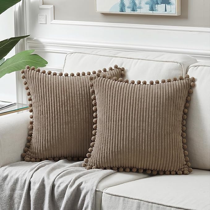 Fancy Homi Set of 2 Light Brown Decorative Throw Pillow Covers 12x12 Inch with Pom-poms for Couch Bed Sofa, Modern Farmhouse Boho Home Decor, Soft Plush Corduroy Cute Cushion Case 30x30 cm