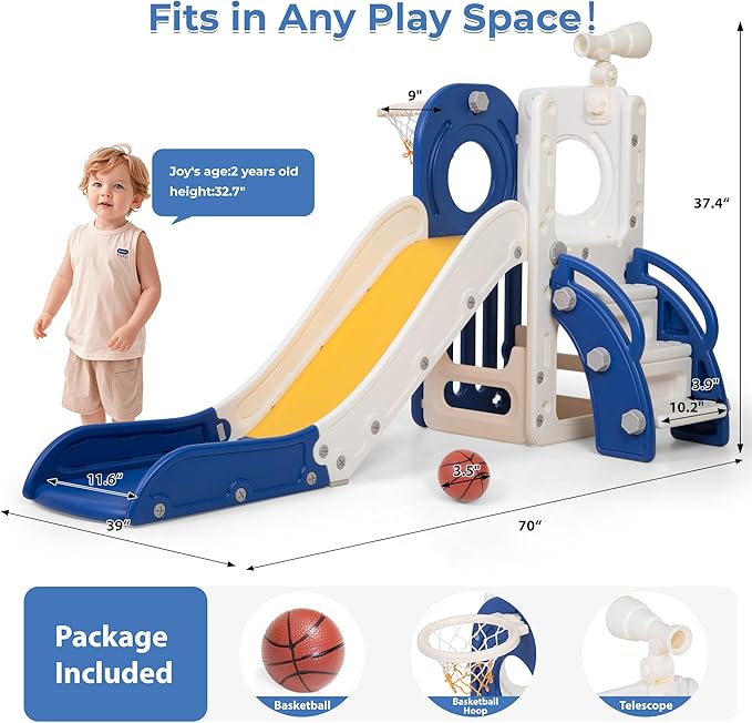 NYEEKOY Toddler Slide,6 in 1 Indoor Slide for Toddlers 1-3, Freestanding Slides for Kids with Basketball Hoop, Telescope, Storage, Playground Slide and Climber Playset for Outdoor Backyard, Blue