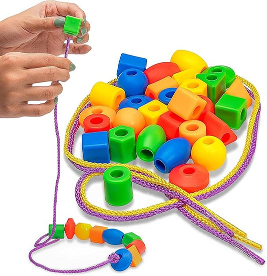 Skoolzy Lacing Beads 30 Pcs for Montessori Toys for 3 Year Old and Toddler Crafts Ages 2-4 with Beads for Kids Learning and Travel Activities Fine Motor Skills Toys