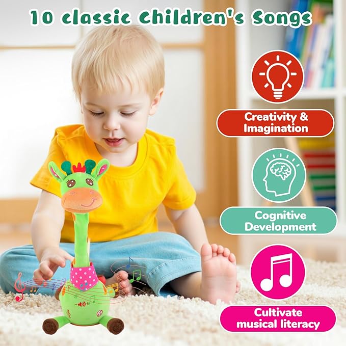 MIAODAM Dancing Giraffe Interactive Toy, Singing 10 Children's Song, Stuffed Baby Toy Repeats What You Say, Christmas Colorful Glowing Plush Interactive Toys for Toddler (Green Giraffe)