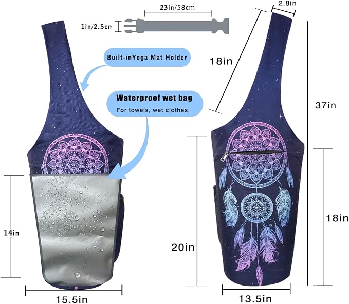 Yoga Mat Bag - Large Opening Long Tote Yoga Mat Carrier Holder Bag with Waterproof Wet Zipper Pocket and Drawstring Water Bottle Pocket - Yoga Bag Fit Most Size Mats