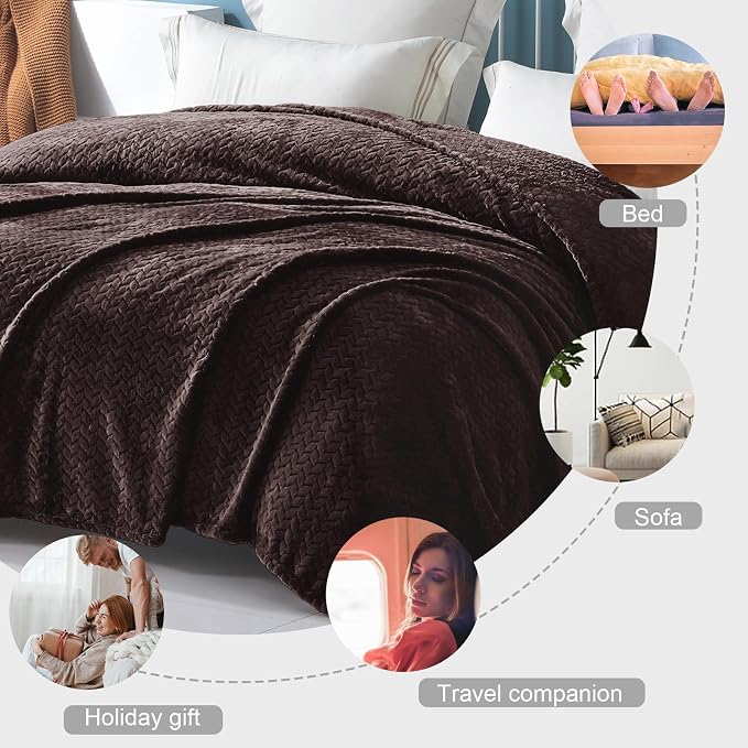 Exclusivo Mezcla Soft Fleece Bed Blanket Twin Size, 60”x80”, Coffee | Cozy Fluffy Lightweight Blankets for Summer, Decorative Plush Flannel Throws for Living room, Bedroom with Leaves Pattern
