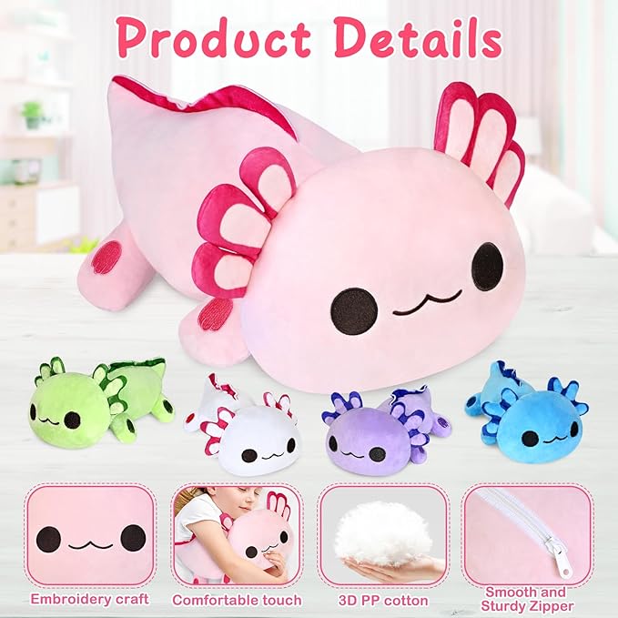 KMUYSL Axolotl Plush Toys for Ages 3 4 5 6 7 8+ Year Old- Axolotl Mommy Stuffed Animal with 4 Baby Axolotls in Her Tummy, Plush Toys Set, Christmas Birthday Gifts for Baby, Toddler, Kids