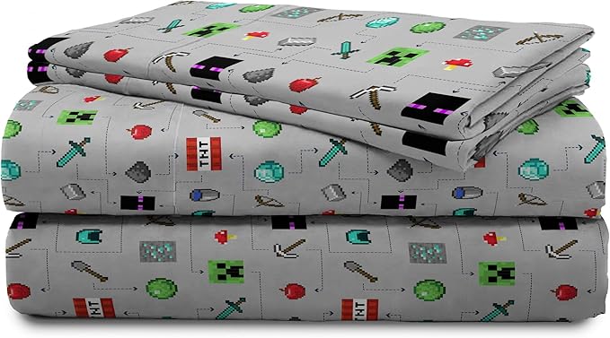 Jay Franco Kids Sheet Set with Fitted, Flat Sheets & Pillow Cover - Ultra-Soft Bedding with Pillowcase for Room Decor, Gray - Minecraft, 4 Piece Queen
