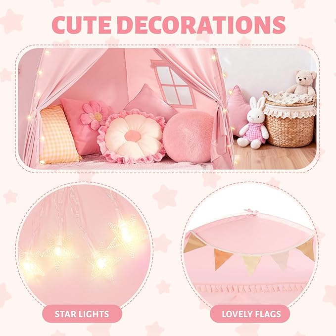 Sumbababy Large Teepee Tent for Kids: with Star Lights - Tent Indoor Kids Teepee Tent for Boys & Girls - Kids Play Tent Inside Canopy Bed for Playroom Gift Toys (Pink)