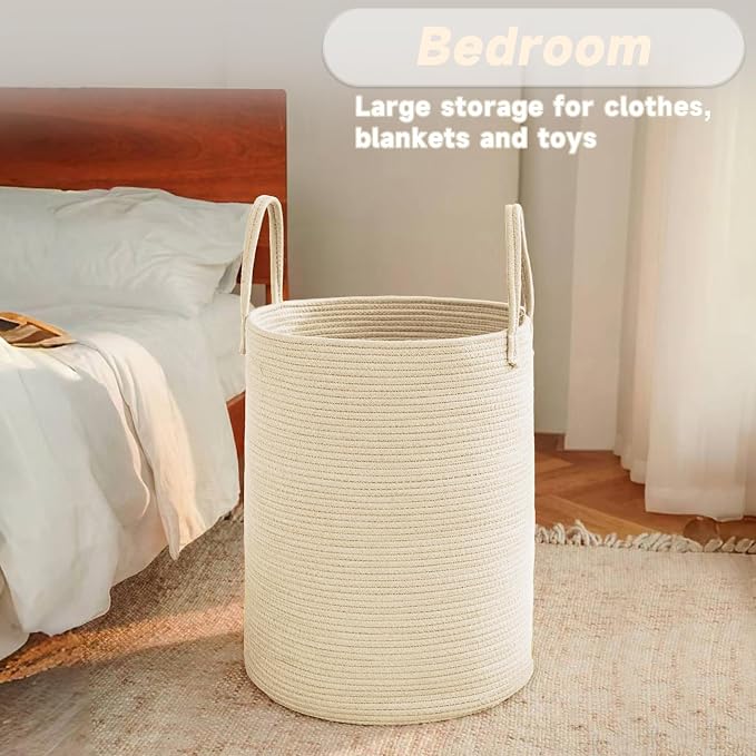 JMvicyroam 100L Cotton Rope Laundry Basket Hamper, Beige | Collapsible laundry basket, reinforced handles, freestanding, machine washable, holds 3-5 thick blankets, clothes or toys