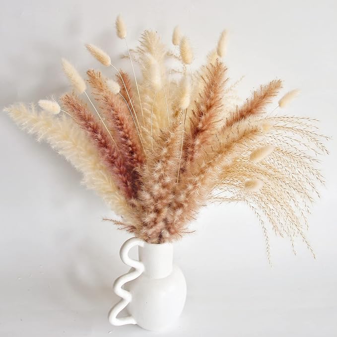 Natural Dried Pampas Grass Decor - 110 Pcs, Contains White Bunny Tails, Artificial Flowers for Bathroom, Office and Baby Shower Decor