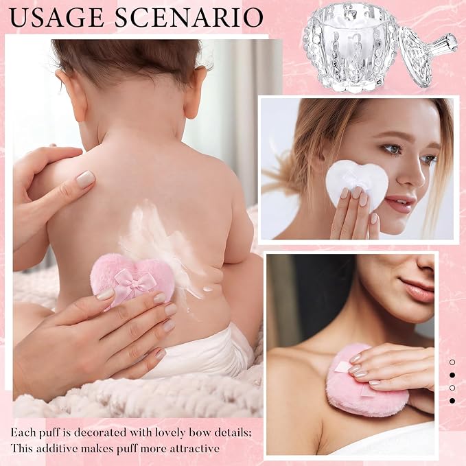 Tioncy 3 Pcs Large Body Powder Puff and Container Valentine's Day gift Powder Container with Puff Crystal Case Soft Washable Reusable Velour Face Body Glitter Wet Dry Makeup (Pearl,Clear)