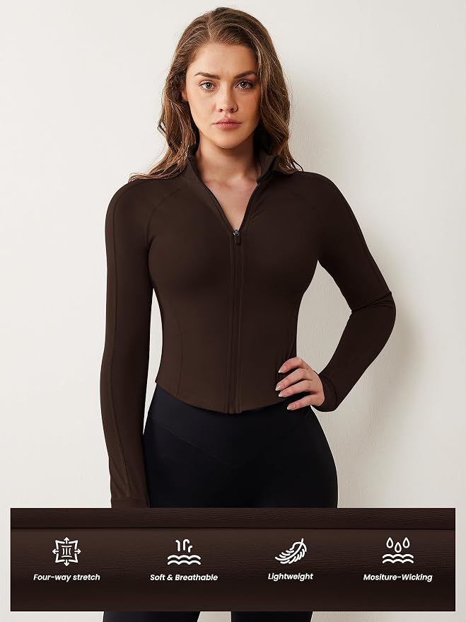 AVGO Women's Workout Jacket Lightweight Zip Up Cropped Yoga Jackets Slim Fit Athletic Tops with Thumb Holes