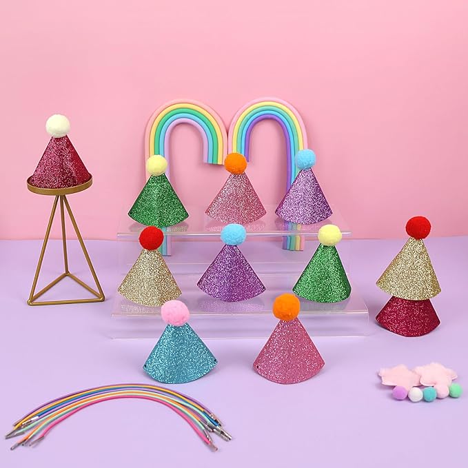 12 Pack Mini Party Hats for Stuffed Animals, Gittter Sequin Mini Hats for Plush Toy Dolls Dog Cat Puppies Birthday Party Decorations - No Assembly Required