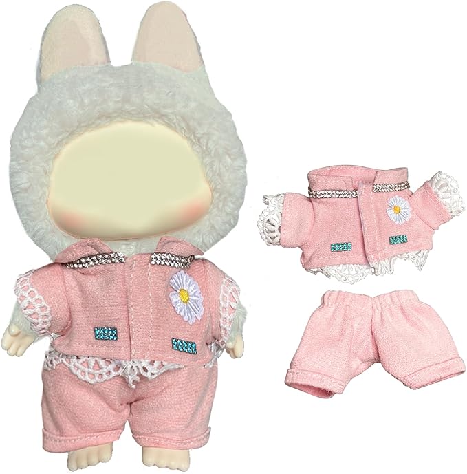 Pink Daisy Outfit for Labubu Dolls, Floral Two-Piece Clothes Set with Consecutive Adhere Top for Popmart Dolls, Cute Spring Style Doll Clothes