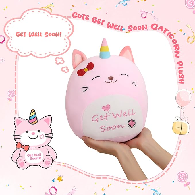Get Well Soon Caticorn Plush, Cute Pink Caticorn Stuffed Animal, Soft Feel Better Gifts for Kids Women Men