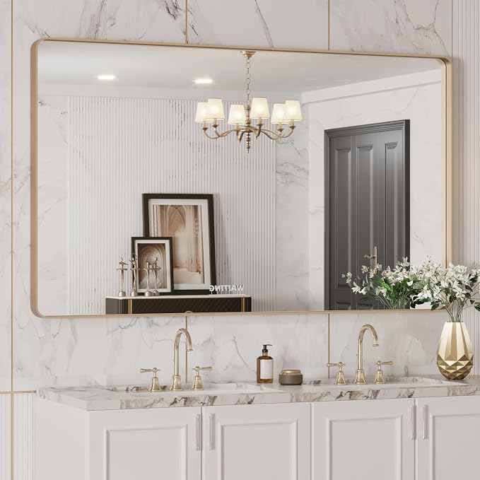 LOAAO 50"X30" Gold Bathroom Mirror | Rounded Rectangle, Brushed Gold Frame, Wall-Mounted, Anti-Rust, Tempered Glass, Hangs Horizontally or Vertically