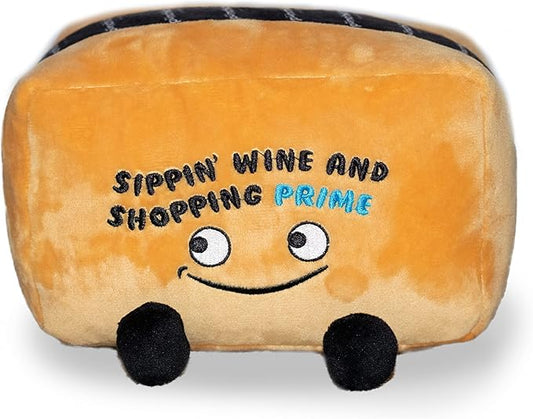 Box Plushie - Sippin' Wine & Shopping Prime! Funny Box Plush, Gift for Shoppers, Cute Plush Toy for Gifting