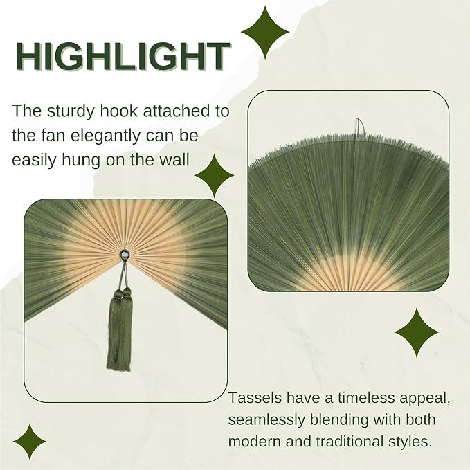 ChumDecor Bamboo Fan Wall Decor,Japanese Chinese Wall Fans,Large Bamboo Fan Wall Art for Boho Hanging Headboard, Decorative Folding Fans (Dark Moss Green 60inch)