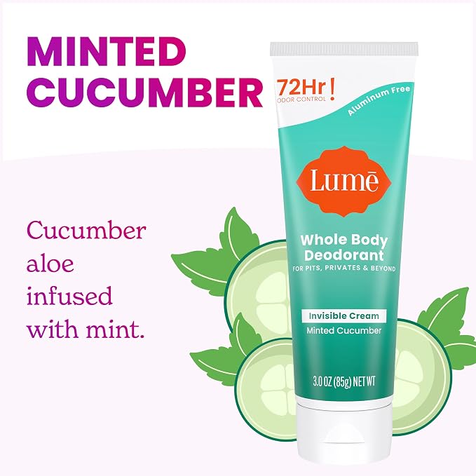 Lume Whole Body Deodorant - Invisible Cream Tube - 72 Hour Odor Control - Aluminum Free, Baking Soda Free, Skin Safe - 3.0 ounce (Pack of 2) (Minted Cucumber)