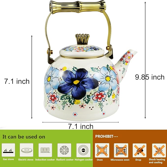 Floral Enamel Tea Kettle Bohemian Blue Flowers Stovetop Teapot 2.5L Coffee Hot Water Kettles with Gold Handle Vintage Kitchen Decor Christmas Gift