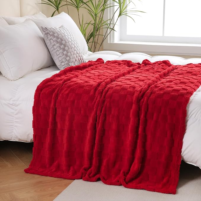 Red Fleece Throw Blanket 50”×70”Checkered Design for Couch Sofa | Super Soft Cozy Plush Microfiber 3D Square Pattern Flannel Blanket for Bed Lightweight for Adults,Women