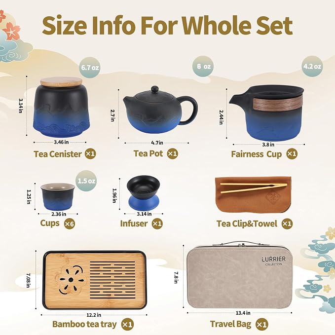 LURRIER Gongfu tea sets, Portable Ceramic TeaSet, Asian Tea sets for adult, Tea Gift sets, Grey leather case, Portable Travel Bag,Home,Gifting,Outdoor and Office(XBlack and Blue)