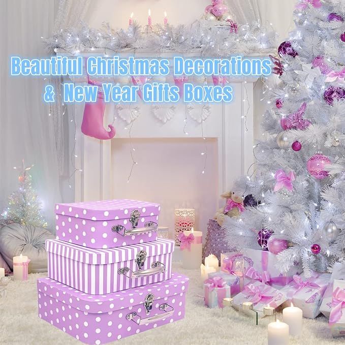 Paperboard Suitcases Set of 3, Cute Storage Box Nesting Gift Boxes with Lids for Christmas New Year, Wedding Birthday Party Home Decor, Mini Suitcase Favor Box (Purple Dots and Strips)