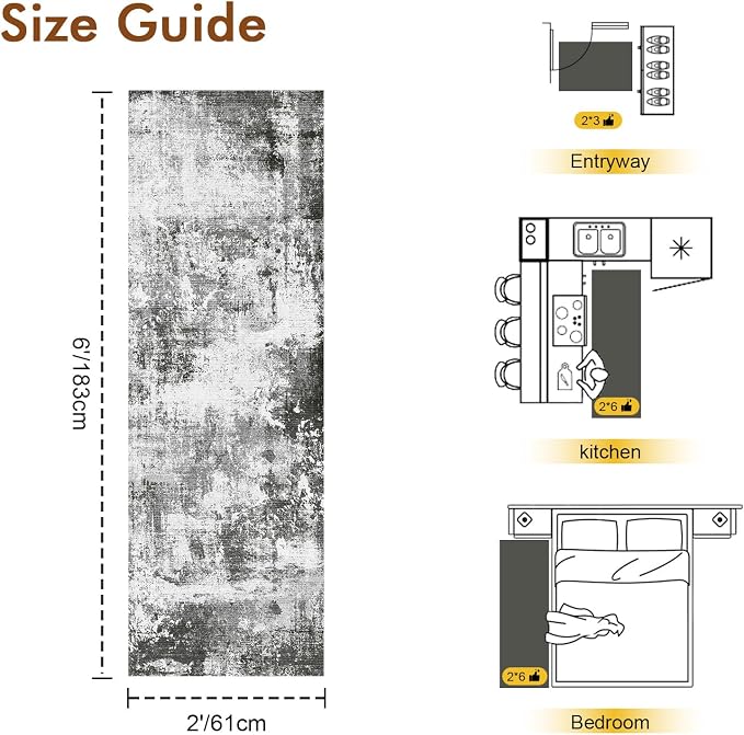 2x6 Ft Washable Runner Rug, Non-Slip Low Pile Hallway Kitchen Area Rug, Soft Long Entryway Floor Mat Abstract Pattern Carpet for Bedside & High-Traffic Areas (Grey)