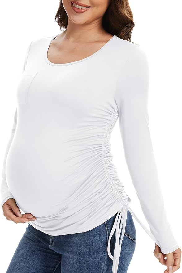 Fotociti Maternity Shirts Long Sleeve, Pregnancy Side Ruched Tops,Women’s Clothes for Mama Work Casual Yoga Wearing