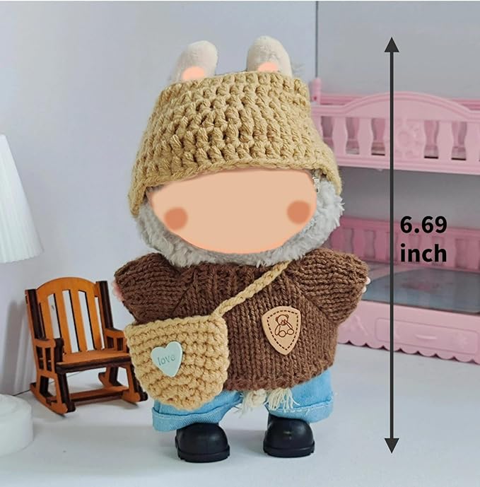3-Piece Knit and Plush Doll Outfit Set for 17cm Collectibles - Handmade Crochet Set (Hat+Sweater+Bag) - No Doll Included
