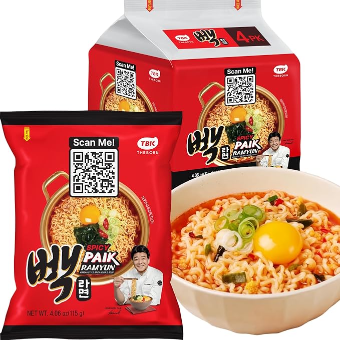 TBK THEBORN Paik Ramyun, Korean Spicy Ramen Noodle Soup 115g x 4 Packs | Spicy Korean noodle soup with a rich savory broth for quick meals at home, work, school or while traveling