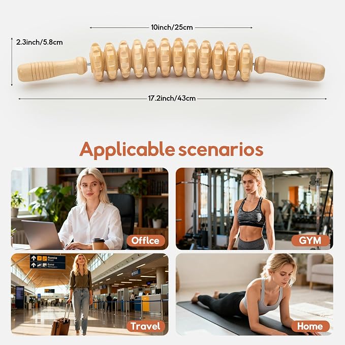 Manual Wooden Massage Stick for Legs Cellulite Remover, Massage Tool, Fascia Blaster - Reduces Cellulite on Legs and Other Body Parts (12 Wheel/White)