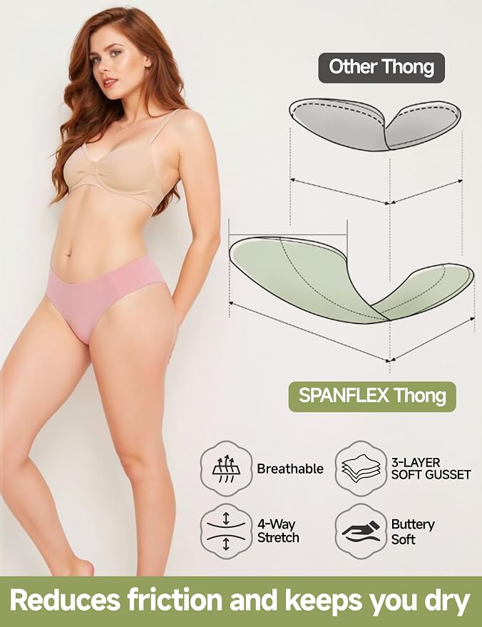 Seamless Thongs for Women No Show G-String Thong Breathable Cotton Panty Liners Underwear for Yoga Workout Gym