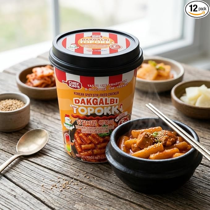 POCAS Chef Kim's Korean Instant Topokki Rice Cake Cups, Microwaveable Rice Cake Snack, Ready in 3 Minutes, 4.2 oz (120g) per Cup, 12 Tteokbokki Cups per Case, Authentic Korean Street Food. (Dakgalbi)
