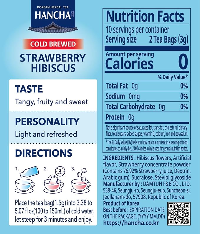 Damtuh Strawberry Hibiscus Cold Brew Tea Bags – Refreshing Fruit Herbal Tea with Real Hibiscus Flowers & Strawberry Flavor – Caffeine-Free Iced Tea for Summer Hydration (1.5g x 20 Count)