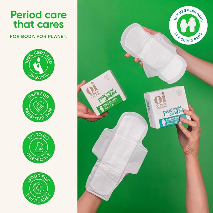 Oi | Organic Initiative - Ultra-Thin Pads with Wings | 100% Certified Organic Cotton, Unscented | Leak Free, Biodegradable | Non-GMO, Toxin Free (Regular/Super, 20, Count)