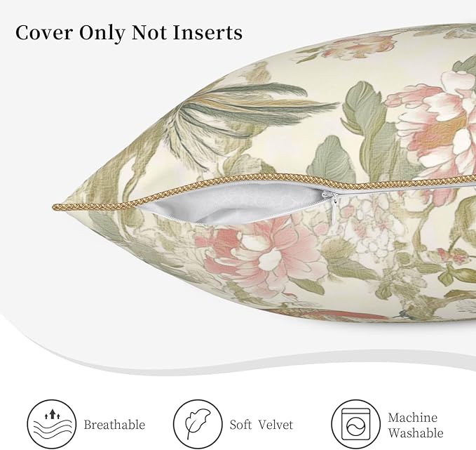 Vintage Bird Floral Velvet Pillow Covers 18x18 Inch Chinoiserie Flowers Leaves Throw Pillows for Couch Farmhouse Cushion Covers Pillowcase Light Green Leaf Pillow Cases for Sofa Bed Outdoor Decor