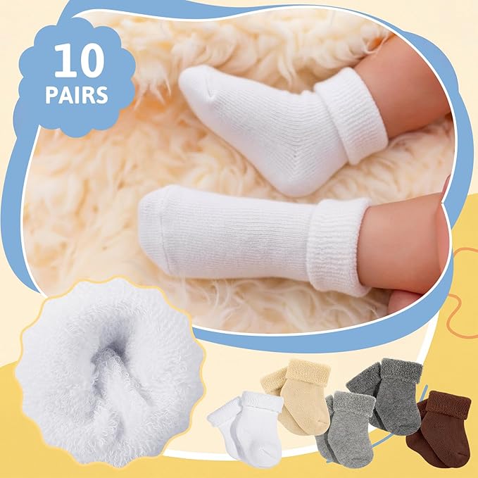 Twistover 10 Pairs Preemie Baby Terry Cotton Turn Cuff Socks for Newborn Girls Boys - Nicu