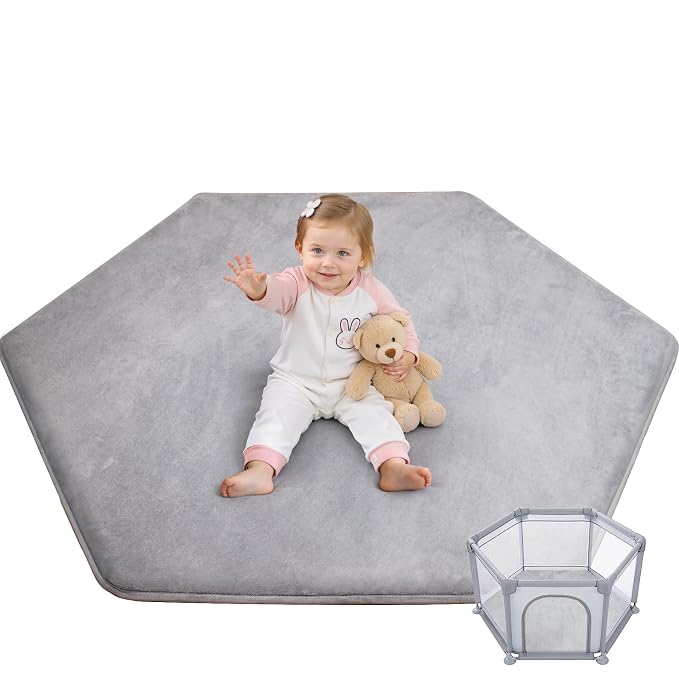 Thick Hexagon Playpen Mat,65x56 Inch Baby Play Mat for Floor,Soft Support & Plush Feel Foam Mats Play Tent Mats for Infant,Kids,and Toddler Crawling,Non-Slip Back for Indoor Playhouses(Light Grey)