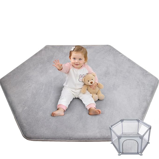 Thick Hexagon Playpen Mat,65x56 Inch Baby Play Mat for Floor,Soft Support & Plush Feel Foam Mats Play Tent Mats for Infant,Kids,and Toddler Crawling,Non-Slip Back for Indoor Playhouses(Light Grey)