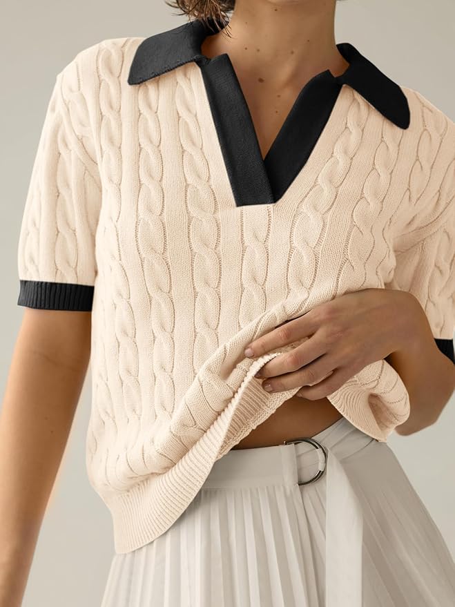 Imily Bela Womens Cable Short Sleeve Sweaters Tops Lapel V Neck Knit Shirt | Solid,Knit Casual,Soft Pullover,Fall Sweaters,Womens Summer Work Tops