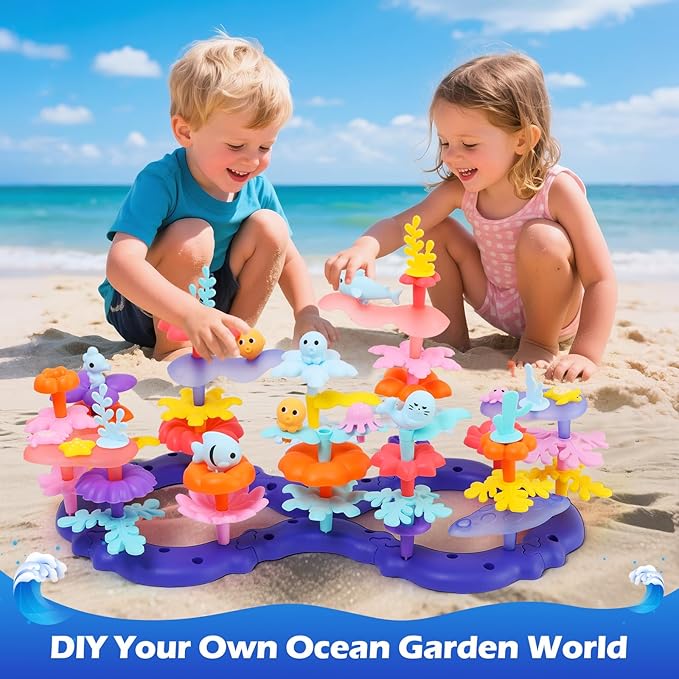 Ocean Flower Garden Building Toy for Toddlers 3-7 Years Old - Educational STEM Gifts for Girls Age 3 4 5 6 7, DIY Kids Sea Animal Coral Stacking Set, 120+ PCS Preschool Learning Activity Kit